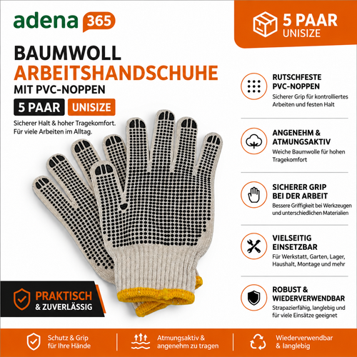 Arbeitshandschuhe Set 5 Paar Baumwolle PVC Noppen rutschfest Montage Garten