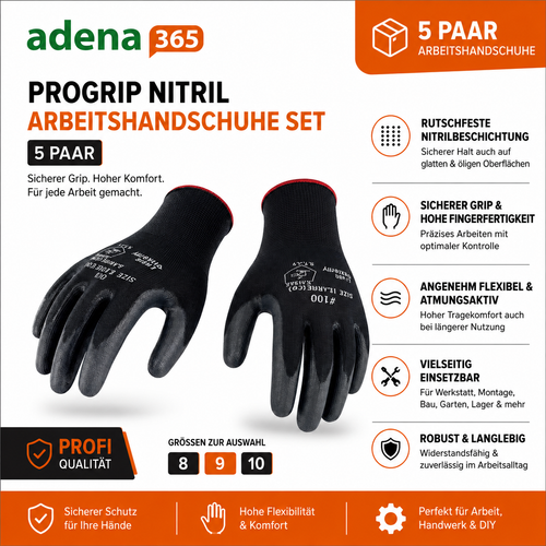 ProGrip Nitril Arbeitshandschuhe 5er Pack rutschfest beschichtet Montagehandschuhe