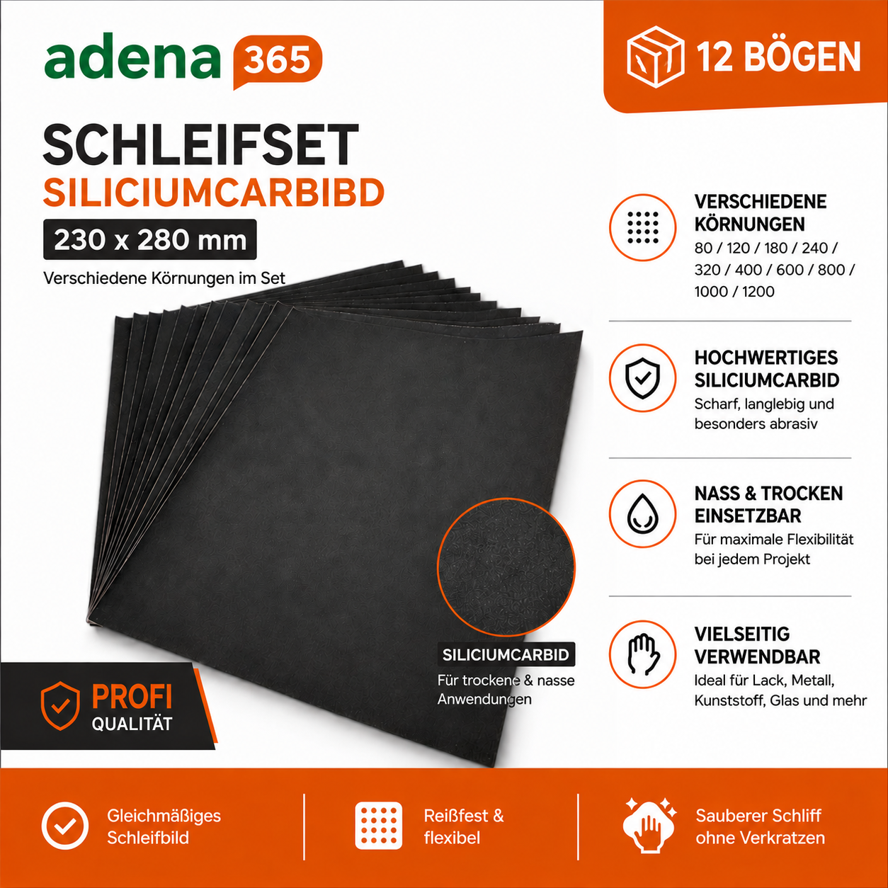 Sandpaper Set 230x280mm Silicon Carbide Assorted Grit Selection for Professional and Demanding Sanding Work.