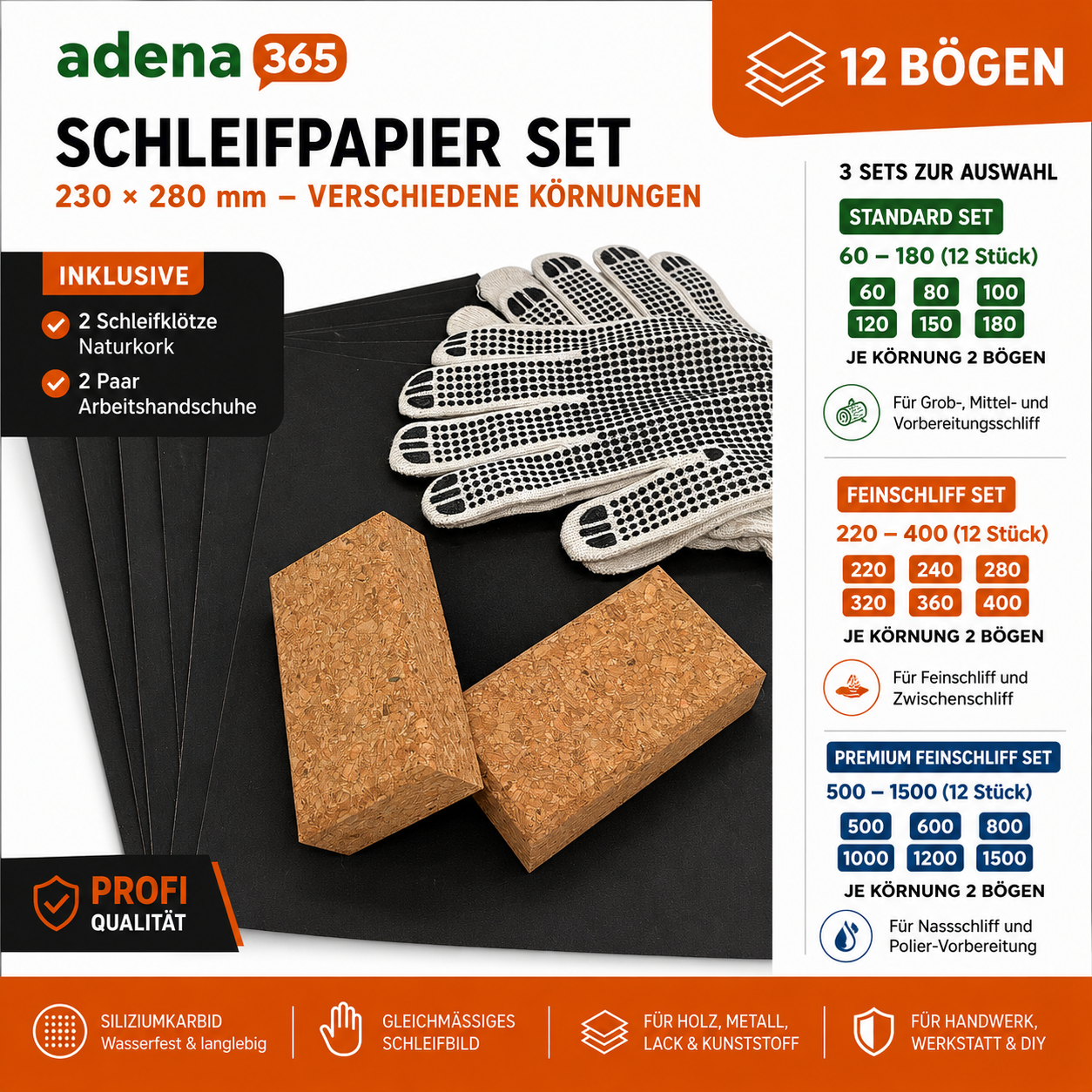Schleifpapier Set Premium langlebig für Holz Metall Lack verschiedene Körnungen