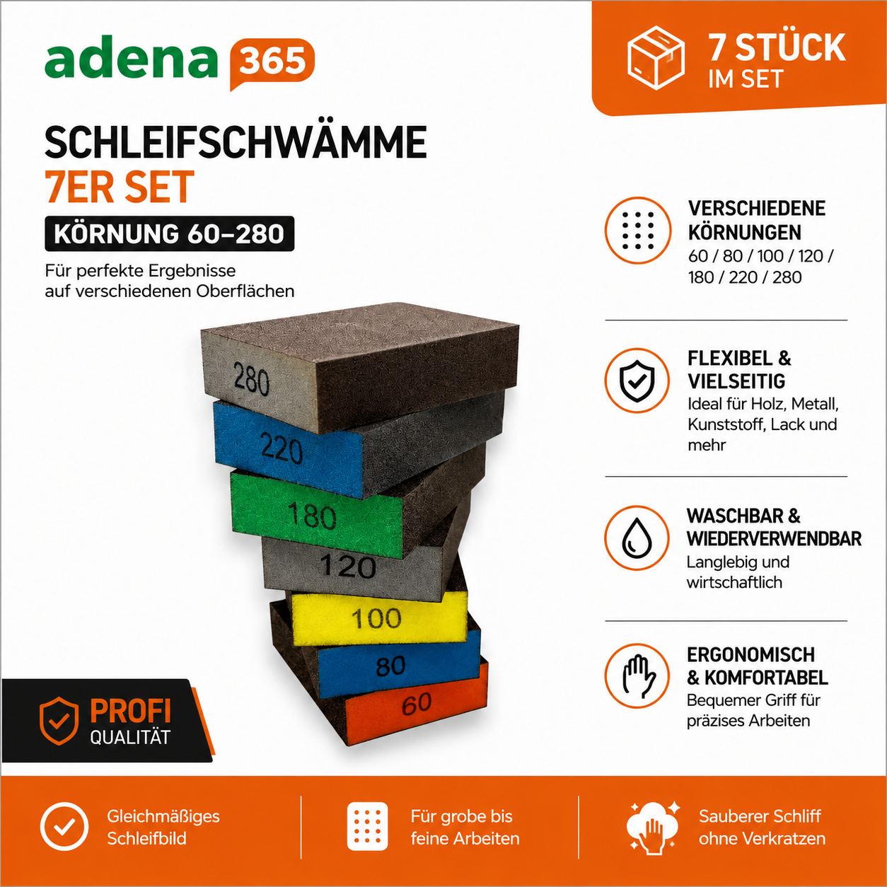 Schleifschwamm Set 7 Stück Körnung 60–280 flexibel Holz Metall Lack